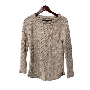 L.L. Bean Signature Cotton Fisherman Tunic Sweater Cream Oatmeal Chunky Cable XS